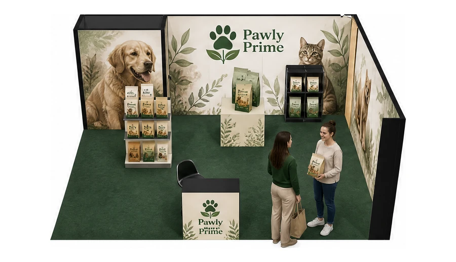 Stoisko 6 × 5 m narożne prawe dla branży karma dla zwierząt, przykładowa marka Pawly Prime