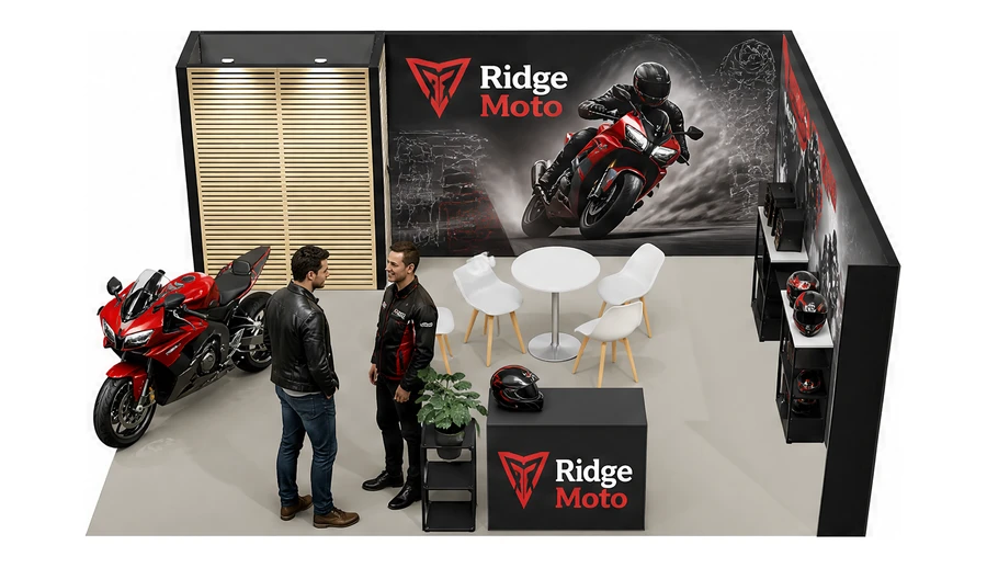 Stoisko 6 × 5 m narożne prawe dla branży motocykle i skutery, przykładowa marka Ridge Moto