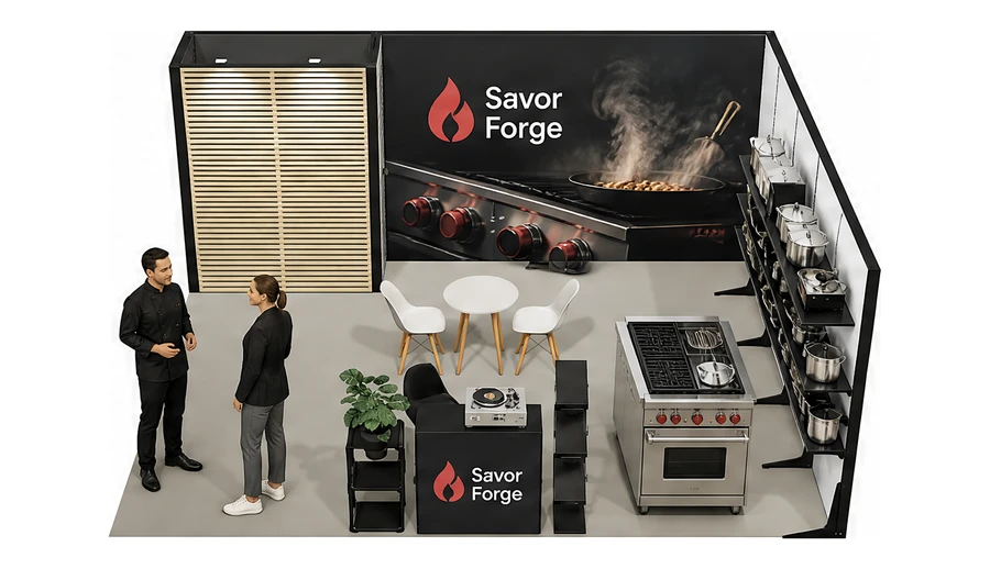 Stoisko 6 × 5 m narożne prawe dla branży wyposażenie gastronomii, przykładowa marka Savor Forge