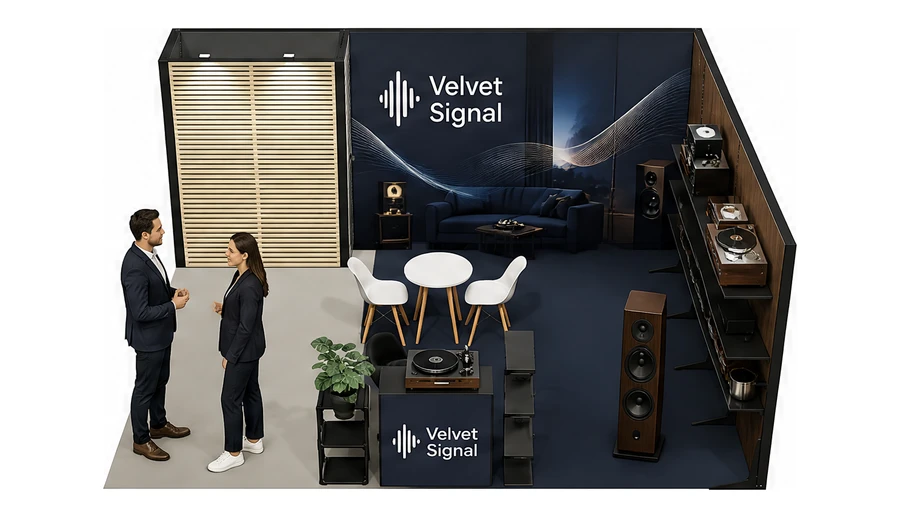 Stoisko 6 × 5 m narożne prawe dla branży sprzęt audio-video, przykładowa marka Velvet Signal