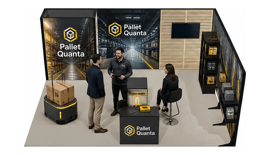 Stoisko 6 × 5 m narożne prawe dla branży intralogistyka i magazyn, przykładowa marka Pallet Quanta