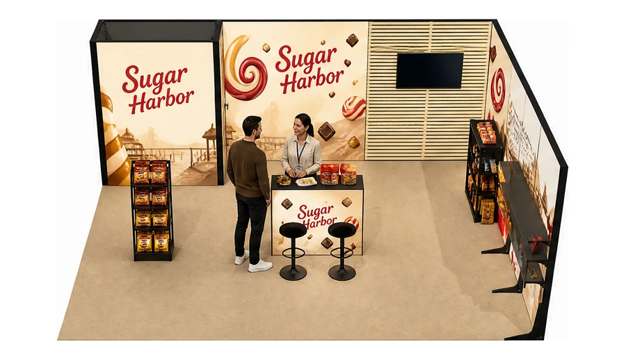 Stoisko 6 × 5 m narożne prawe dla branży słodycze i przekąski, przykładowa marka Sugar Harbor