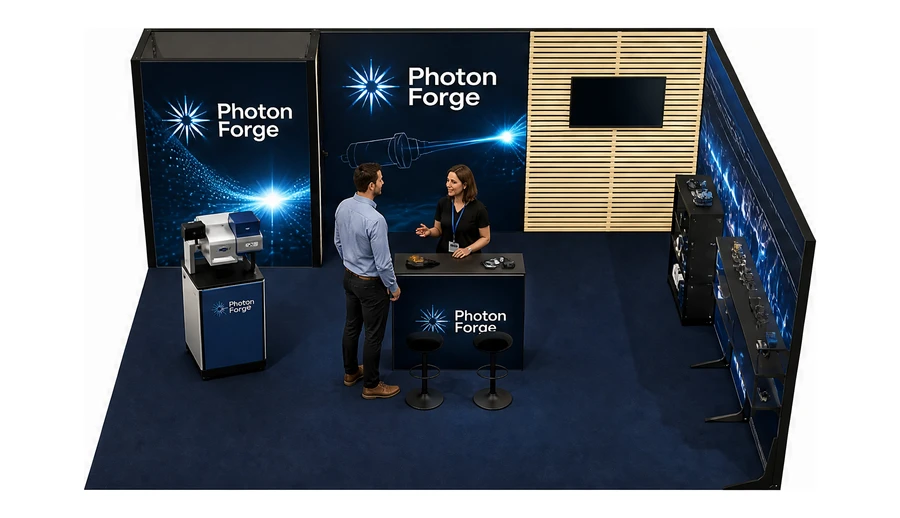 Stoisko 6 × 5 m narożne prawe dla branży technika laserowa i fotonika, przykładowa marka Photon Forge