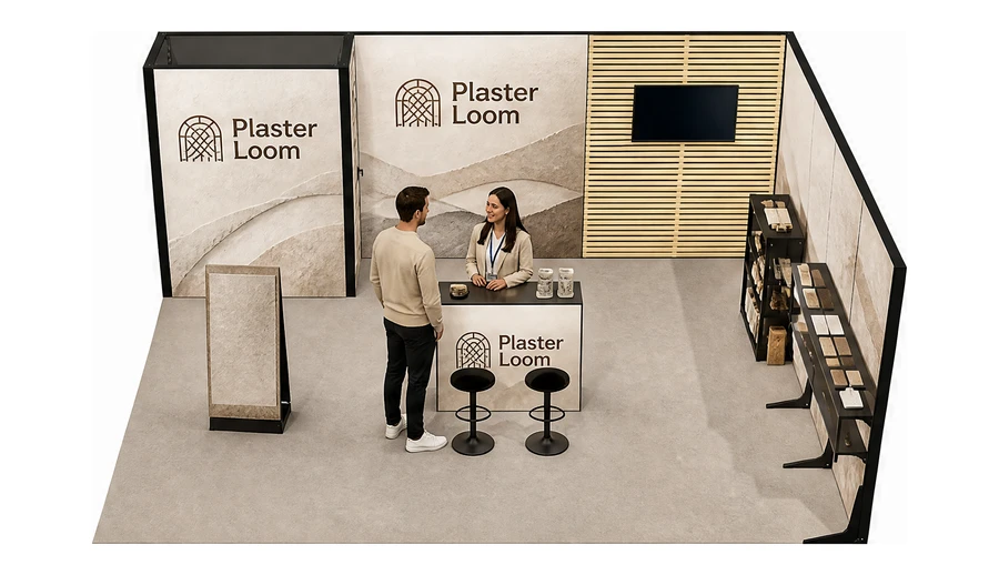 Stoisko 6 × 5 m narożne prawe dla branży wykończenie wnętrz, przykładowa marka Plaster Loom