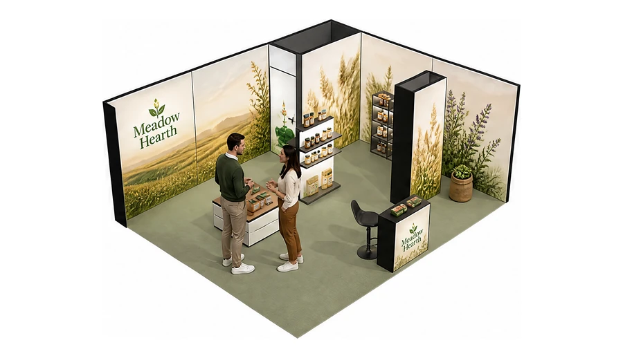 Stoisko 6 × 5 m narożne prawe dla branży żywność ekologiczna, przykładowa marka Meadow Hearth