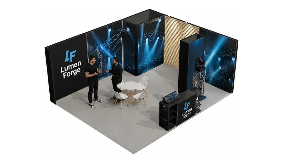 Stoisko 6 × 5 m narożne prawe dla branży branża eventowa, przykładowa marka Lumen Forge