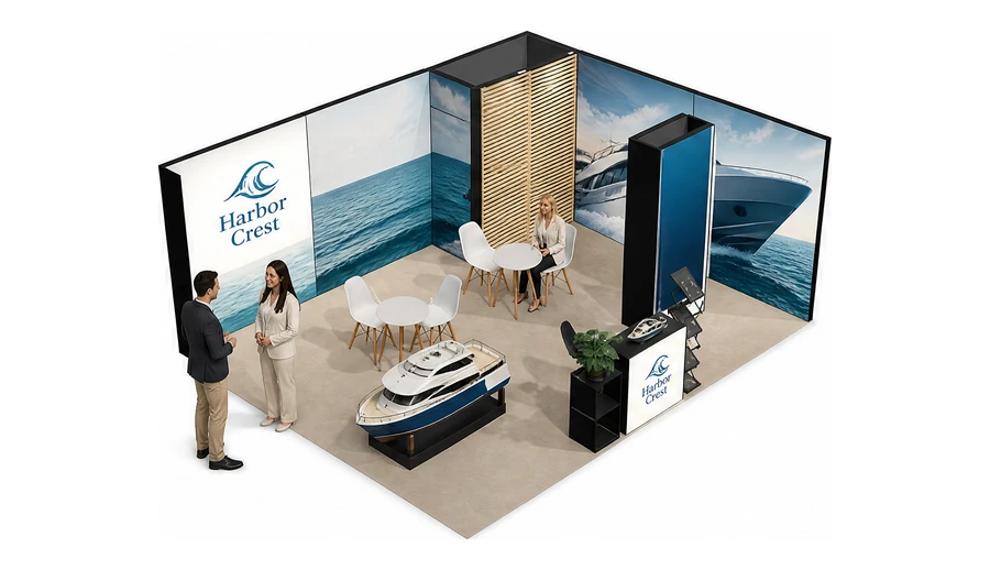 Stoisko 6 × 5 m narożne prawe dla branży jachty i łodzie, przykładowa marka Harbor Crest