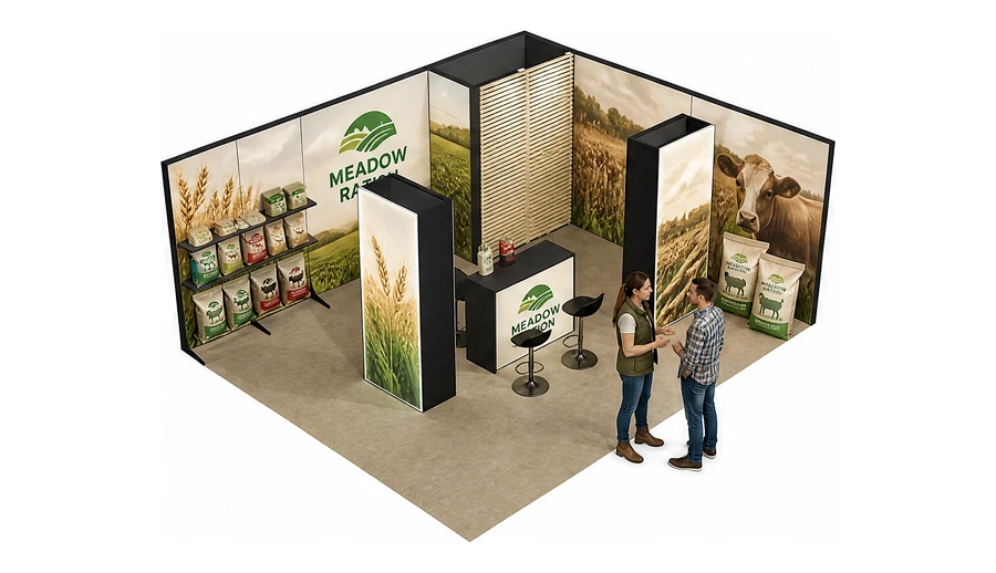 Stoisko 6 × 5 m narożne prawe dla branży hodowla i pasze, przykładowa marka Meadow Ration