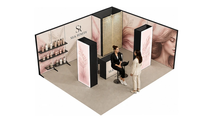 Stoisko 6 × 5 m narożne prawe dla branży fryzjerstwo i salony beauty, przykładowa marka Silk Remedy