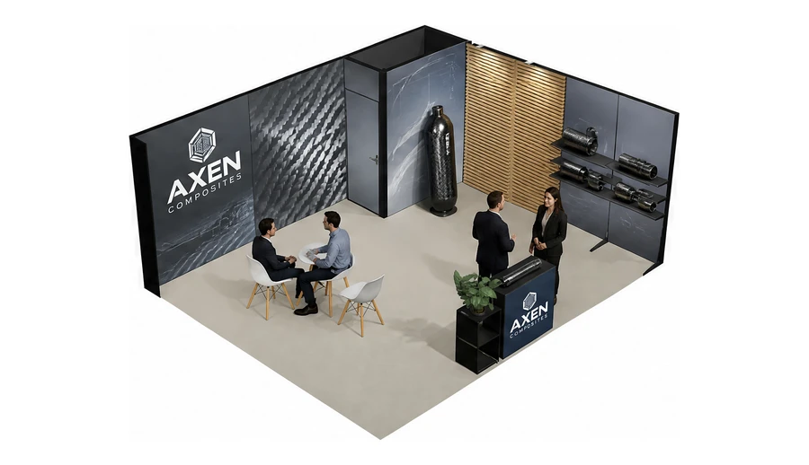 Stoisko 6 × 5 m narożne prawe dla branży materiały kompozytowe, przykładowa marka Axen Composites