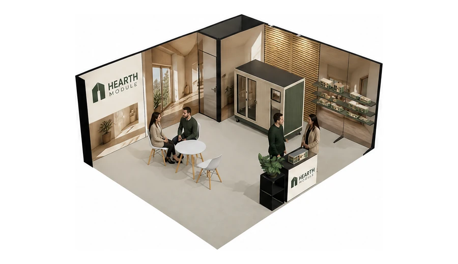 Stoisko 6 × 5 m narożne prawe dla branży domy modułowe i prefabrykacja, przykładowa marka Hearth Module