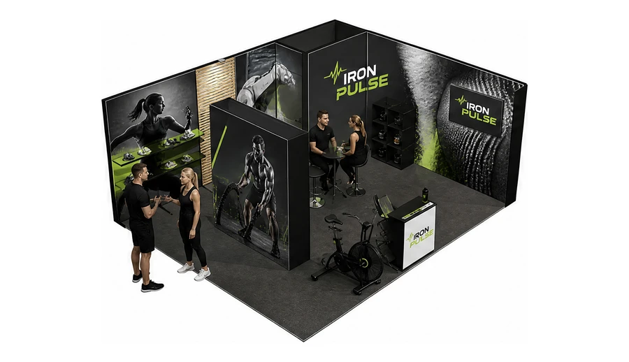 Stoisko 6 × 5 m narożne prawe dla branży fitness i siłownie, przykładowa marka Iron Pulse