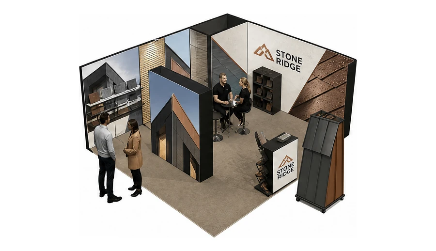 Stoisko 6 × 5 m narożne prawe dla branży dachy i elewacje, przykładowa marka Stone Ridge