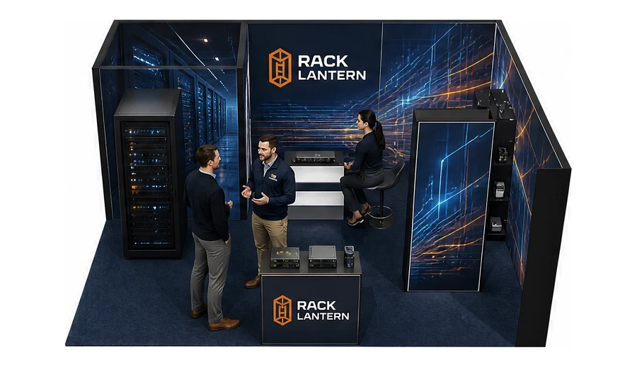 Stoisko 6 × 5 m narożne prawe dla branży infrastruktura IT i data center, przykładowa marka Rack Lantern
