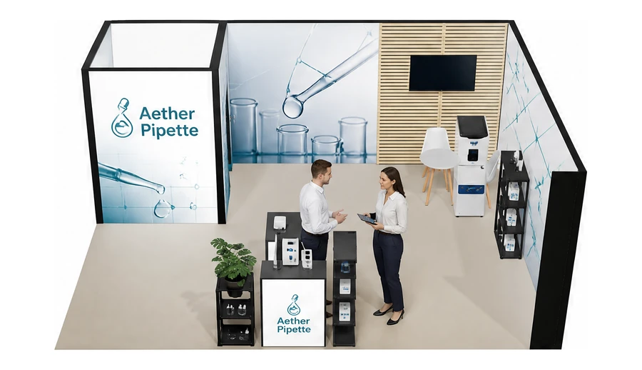 Stoisko 6 × 5 m narożne prawe dla branży sprzęt laboratoryjny, przykładowa marka Aether Pipette