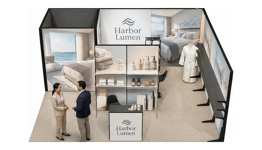 Stoisko 6 × 5 m narożne prawe dla branży wyposażenie hoteli, przykładowa marka Harbor Lumen