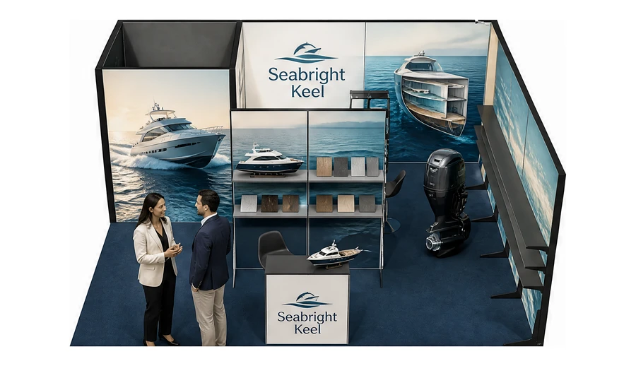 Stoisko 6 × 5 m narożne prawe dla branży jachty i łodzie, przykładowa marka Seabright Keel