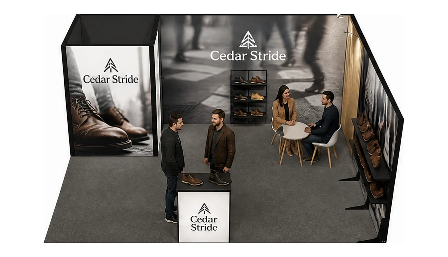 Stoisko 6 × 5 m narożne prawe dla branży obuwie, przykładowa marka Cedar Stride