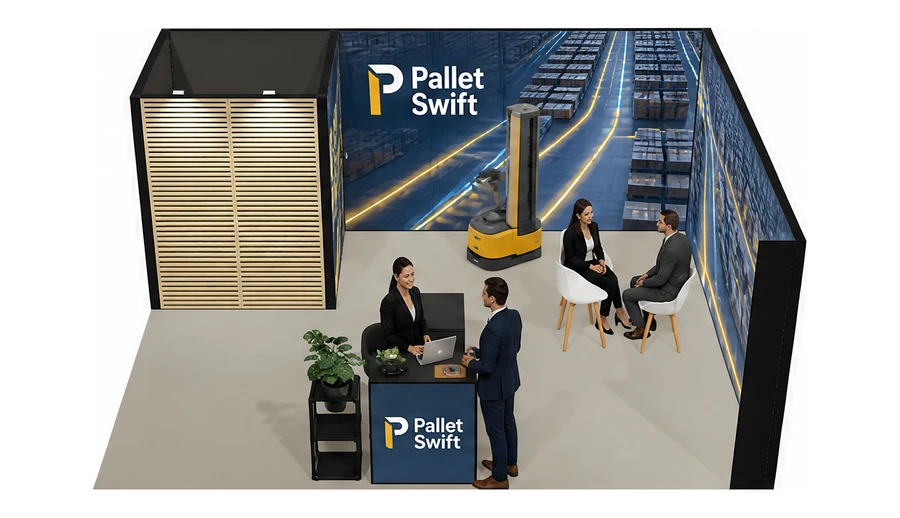 Stoisko 6 × 5 m narożne prawe dla branży intralogistyka i magazyn, przykładowa marka Pallet Swift
