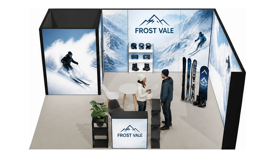 Stoisko 6 × 5 m narożne prawe dla branży narciarstwo i sporty zimowe, przykładowa marka Frost Vale