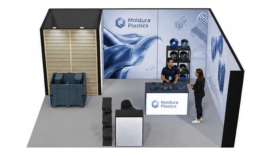 Stoisko 6 × 5 m narożne prawe dla branży przetwórstwo tworzyw, przykładowa marka Moldura Plastics