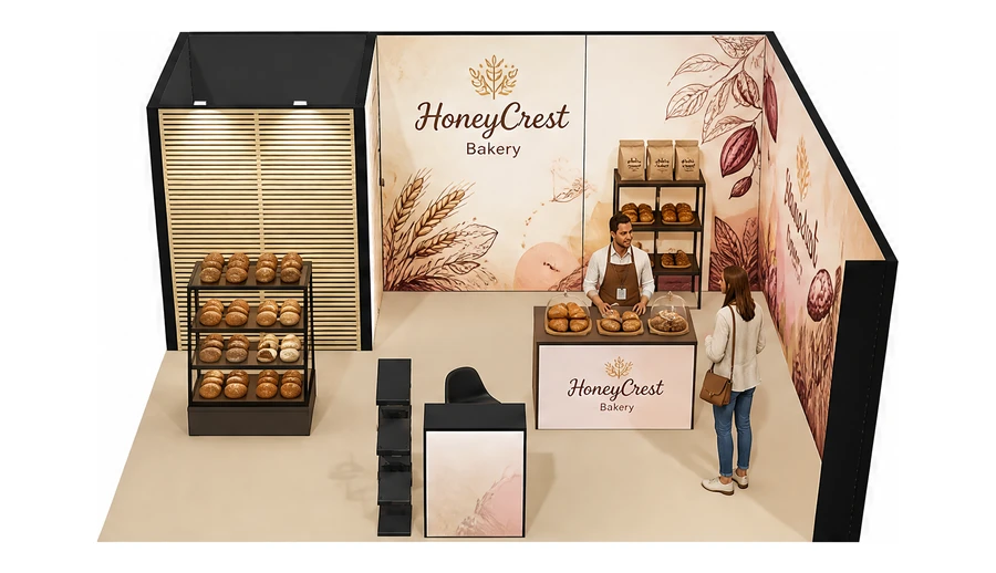 Stoisko 6 × 5 m narożne prawe dla branży piekarnictwo i cukiernictwo, przykładowa marka HoneyCrest Bakery