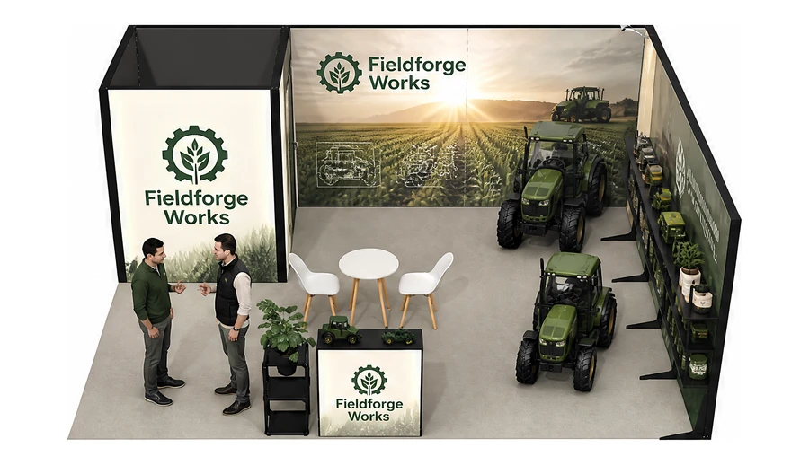 Stoisko 6 × 5 m narożne prawe dla branży maszyny rolnicze, przykładowa marka Fieldforge Works