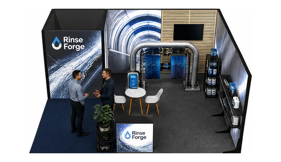 Stoisko 6 × 5 m narożne prawe dla branży myjnie i pielęgnacja aut, przykładowa marka Rinse Forge