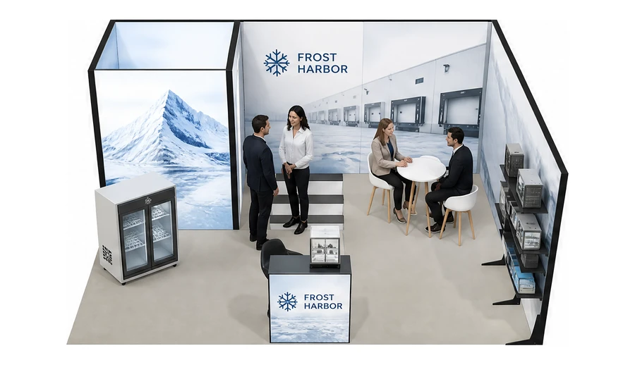 Stoisko 6 × 5 m narożne prawe dla branży łańcuch chłodniczy, przykładowa marka Frost Harbor