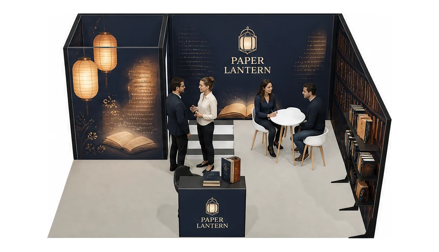 Stoisko 6 × 5 m narożne prawe dla branży wydawnictwa, przykładowa marka Paper Lantern