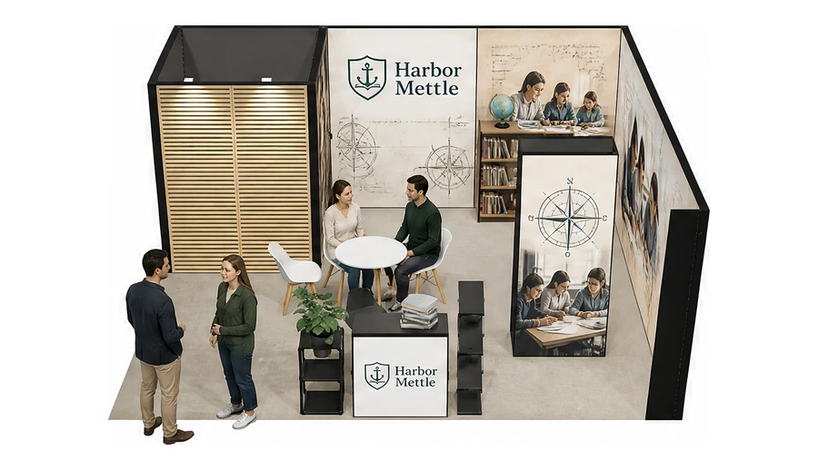 Stoisko 6 × 5 m narożne prawe dla branży edukacja i szkolenia, przykładowa marka Harbor Mettle