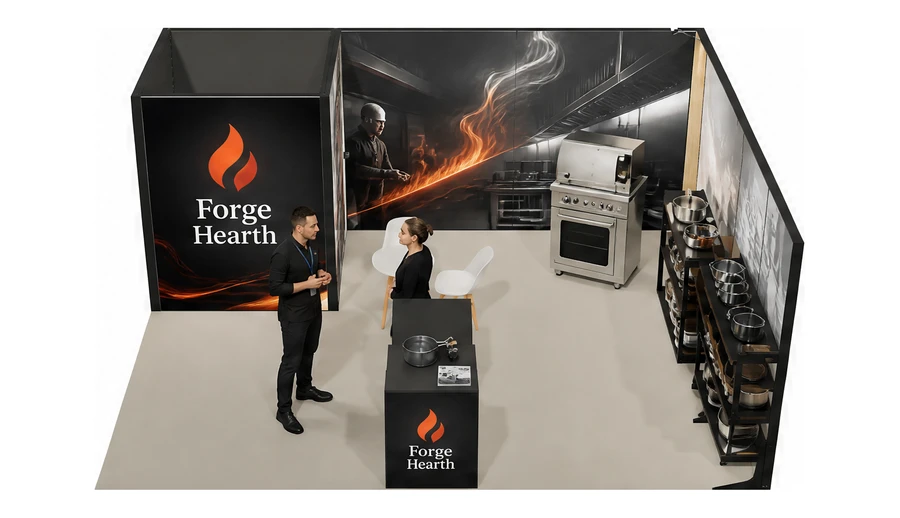Stoisko 6 × 5 m narożne prawe dla branży wyposażenie gastronomii, przykładowa marka Forge Hearth