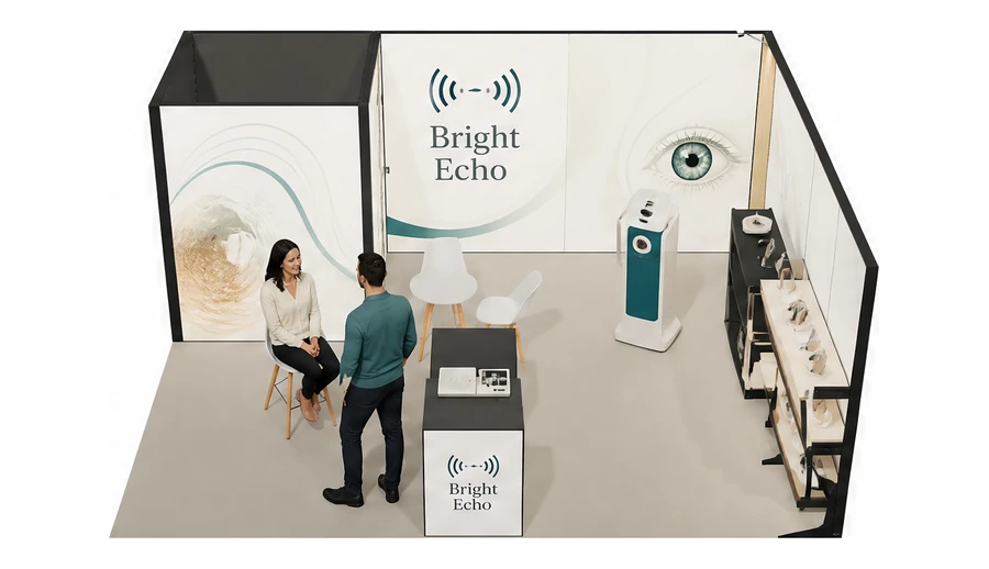 Stoisko 6 × 5 m narożne prawe dla branży optyka i audiologia, przykładowa marka Bright Echo