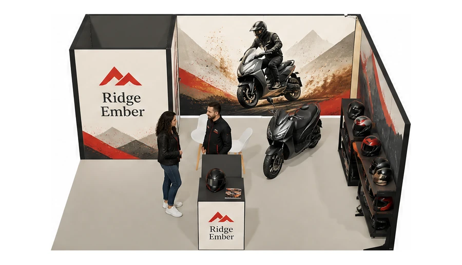 Stoisko 6 × 5 m narożne prawe dla branży motocykle i skutery, przykładowa marka Ridge Ember