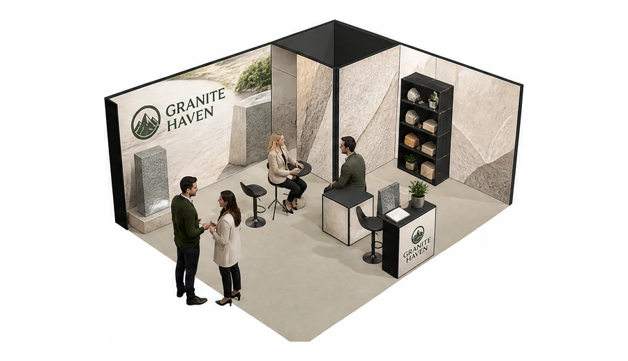 Stoisko 6 × 5 m narożne prawe dla branży kamień i kamieniarstwo, przykładowa marka Granite Haven