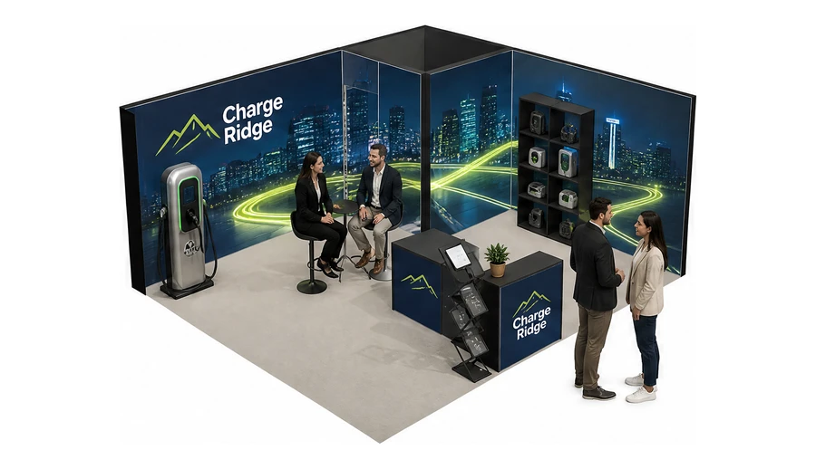 Stoisko 6 × 5 m narożne prawe dla branży elektromobilność i ładowarki, przykładowa marka Charge Ridge