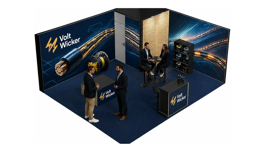 Stoisko 6 × 5 m narożne prawe dla branży kable i elektrotechnika, przykładowa marka Volt Wicker