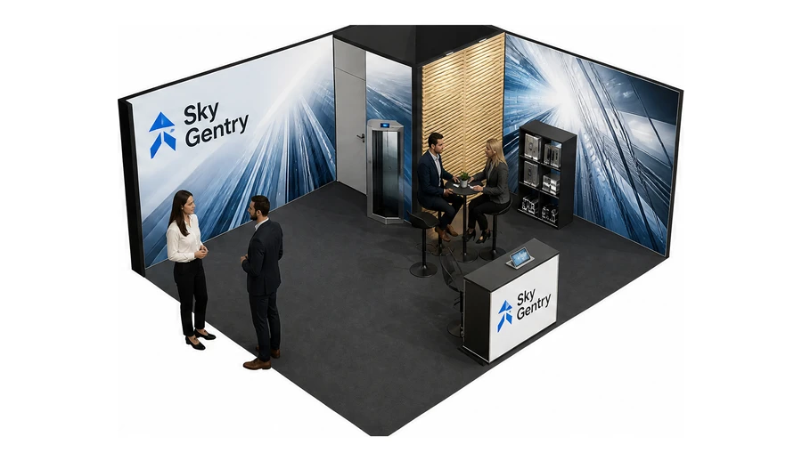 Stoisko 6 × 5 m narożne prawe dla branży dźwigi i windy, przykładowa marka Sky Gentry