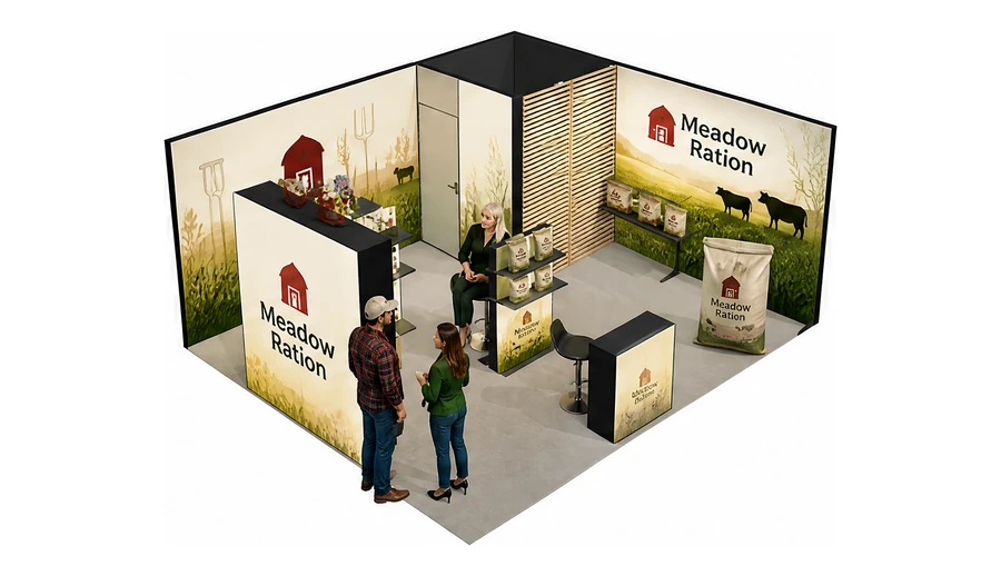 Stoisko 6 × 5 m narożne prawe dla branży hodowla i pasze, przykładowa marka Meadow Ration