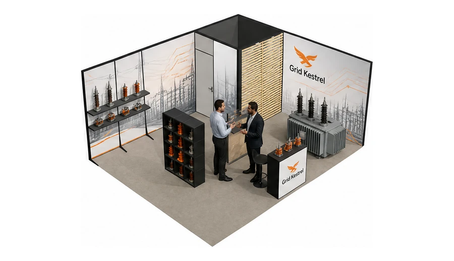 Stoisko 6 × 5 m narożne prawe dla branży energetyka i sieci, przykładowa marka Grid Kestrel
