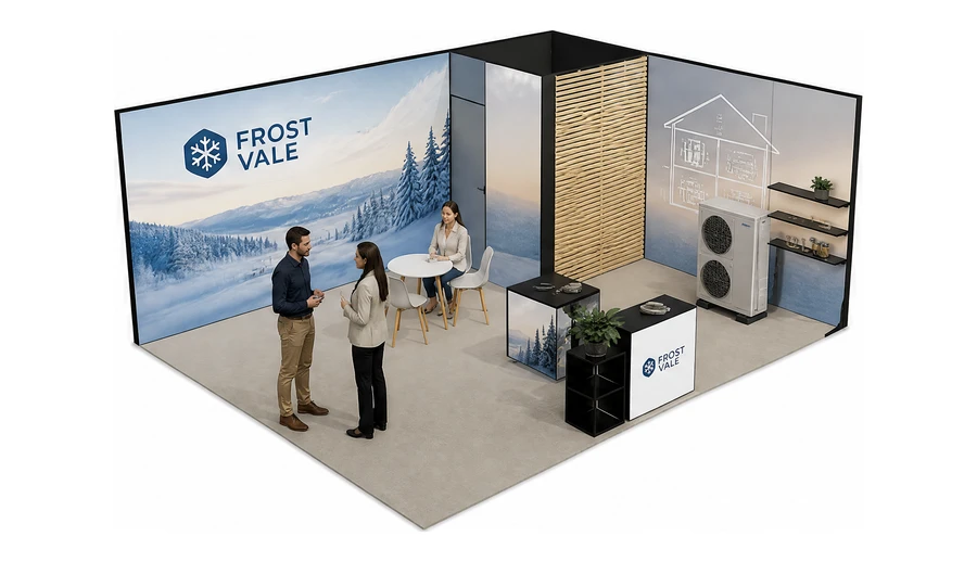 Stoisko 6 × 5 m narożne prawe dla branży pompy ciepła i ogrzewanie, przykładowa marka Frost Vale
