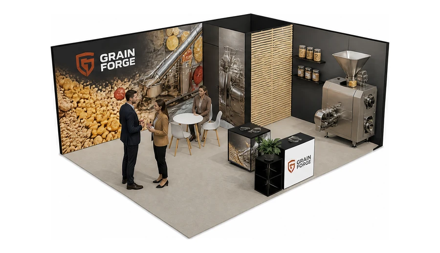 Stoisko 6 × 5 m narożne prawe dla branży technologie spożywcze, przykładowa marka Grain Forge