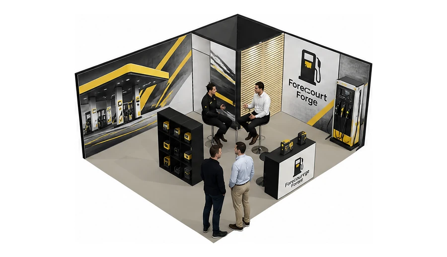 Stoisko 6 × 5 m narożne prawe dla branży stacje paliw, przykładowa marka Forecourt Forge