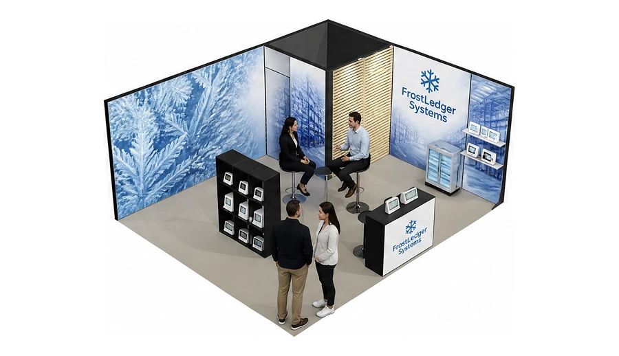 Stoisko 6 × 5 m narożne prawe dla branży łańcuch chłodniczy, przykładowa marka FrostLedger Systems
