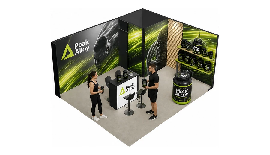 Stoisko 6 × 5 m narożne prawe dla branży suplementy diety, przykładowa marka Peak Alloy