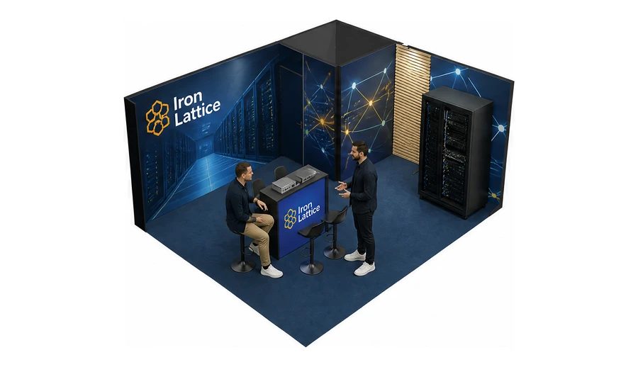 Stoisko 6 × 5 m narożne prawe dla branży infrastruktura IT i data center, przykładowa marka Iron Lattice