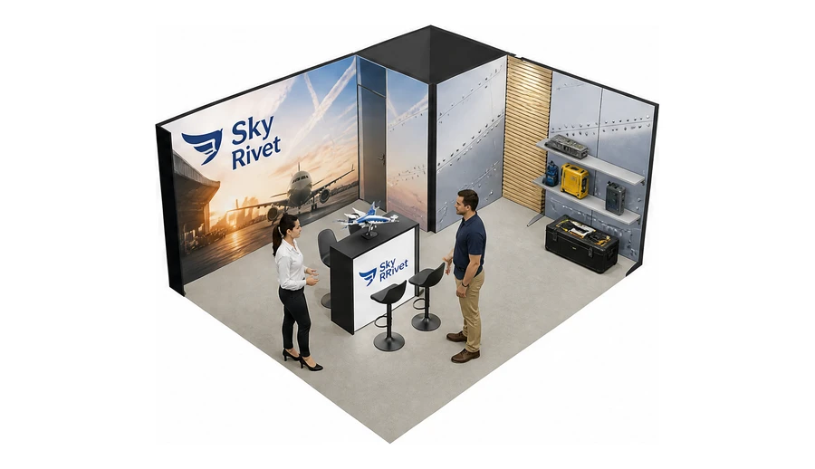 Stoisko 6 × 5 m narożne prawe dla branży lotnictwo, przykładowa marka Sky Rivet