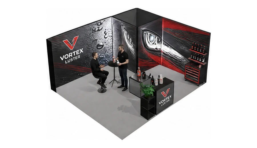 Stoisko 6 × 5 m narożne prawe dla branży tuning i detailing, przykładowa marka Vortex Luster