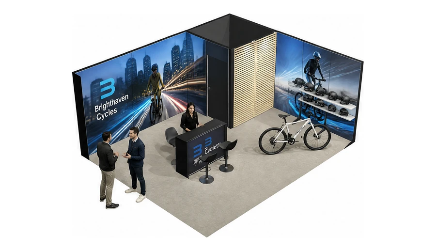 Stoisko 6 × 5 m narożne prawe dla branży rowery elektryczne, przykładowa marka Brighthaven Cycles