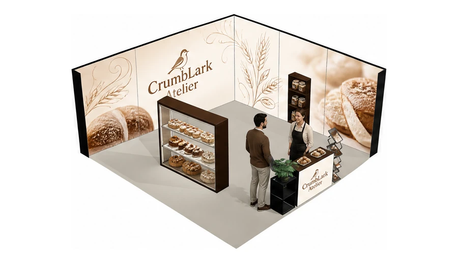 Stoisko 6 × 6 m narożne prawe dla branży piekarnictwo i cukiernictwo, przykładowa marka CrumbLark Atelier